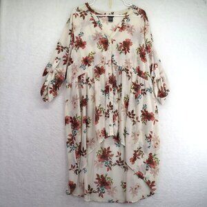 Torrid Shirt Womens Size 3XL Floral High‎ Low Button Front Tunic Ivory Red